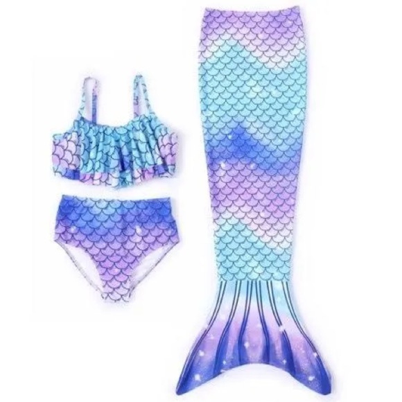 PatPat Toddler 3-4YR Bikinis Set Ruffled Top Bottom & Mermaid Tail 3PC Swimsuit - Picture 2 of 8
